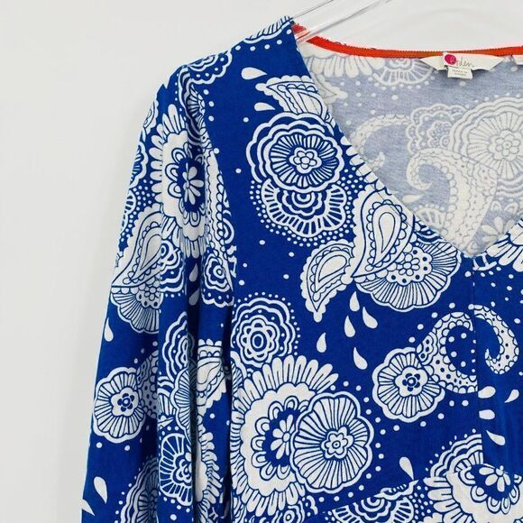 Boden Size 2 Blue & White Paisley Floral Print V Neck Bell Sleeve Knit Top - Picture 4 of 9